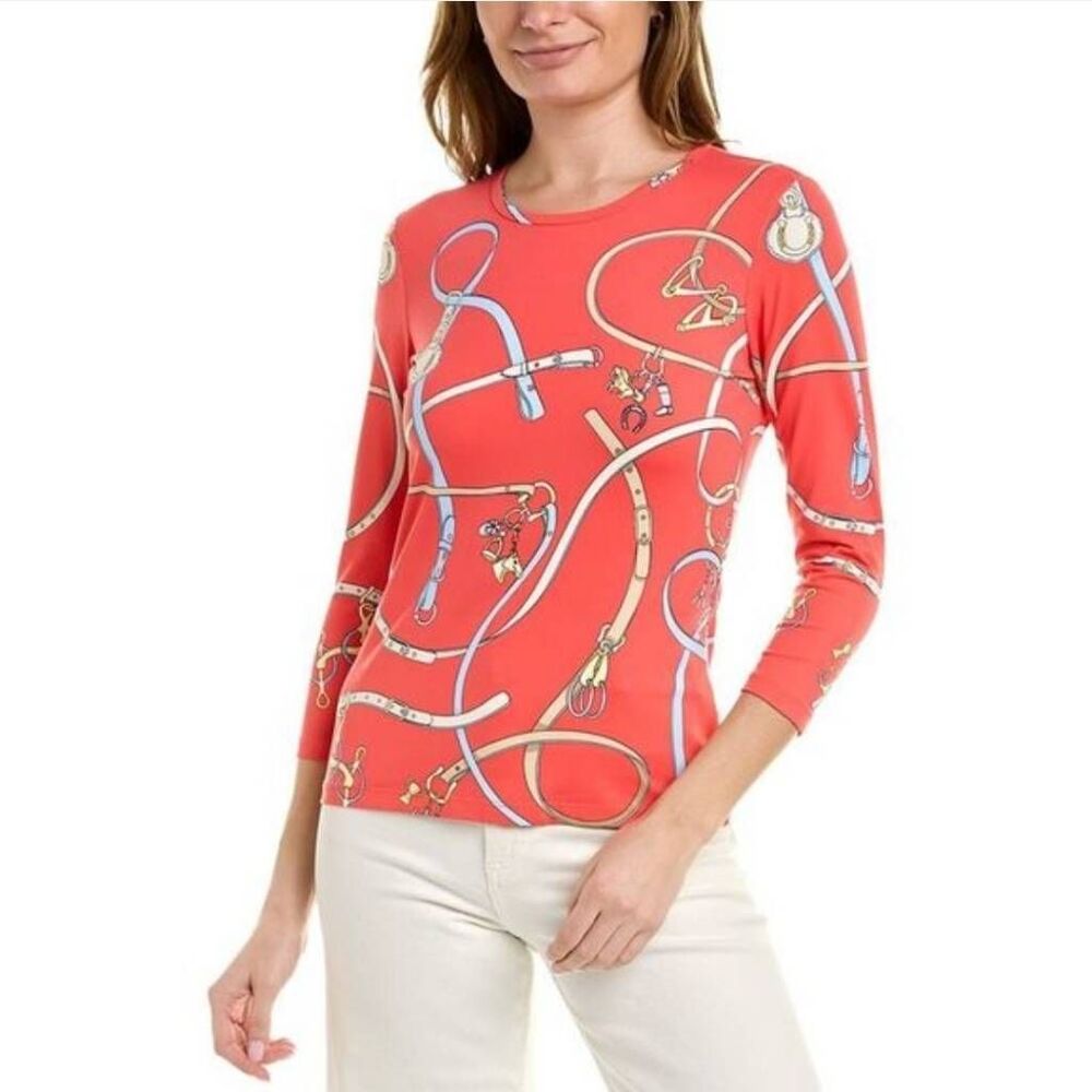 J McLaughlin Blouse Top Medium Catalina Cloth Bridle Equestrian Coral Top 3/4 Sl